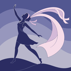 Silhouette of a woman in a dress with flowing scarf in vector art