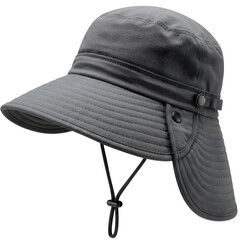 Gray Sun Hat with Neck Flap and Adjustable Chin Strap Button Details