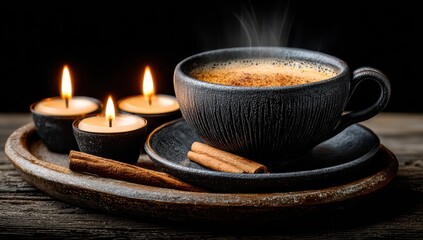 Dark ceramic coffee cup, steaming, with three candles and cinnamon sticks on a wooden tray