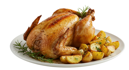 Thanksgiving traditional meal, roast chicken and potatoes with herbs on isolated background