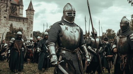 Fototapeta premium Medieval Knights in Armor Marching Towards a Castle
