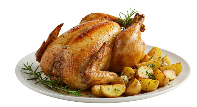 Thanksgiving traditional meal, roast chicken and potatoes with herbs on isolated background