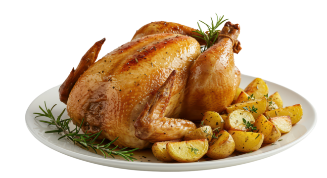 Thanksgiving traditional meal, roast chicken and potatoes with herbs on isolated background
