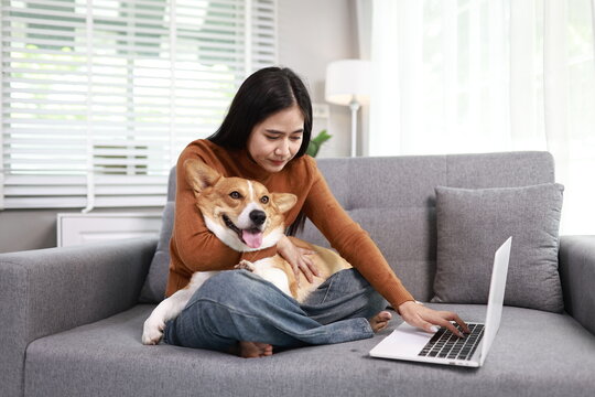 A cheerful young woman works from home, smiling warmly as her cute labrador sits beside her, bringing comfort, companionship, and joy.