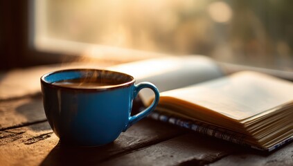 Warm coffee, open book at window