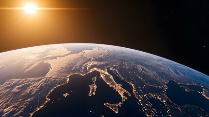 A breathtaking view from space showcases the Italian peninsula bathed in the warm glow of city lights, set against the backdrop of a stunning sunrise or sunset over Earth.