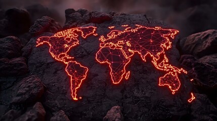 A glowing orange world map, rendered as a network of interconnected points, is embedded in a dark, rocky surface.