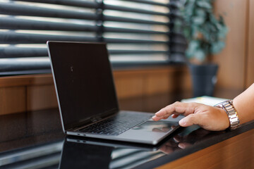 Person, hands and typing on laptop in cafe for email, spreadsheet and proposal or application for...