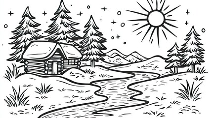 Winter landscape scene with a log cabin by a river.