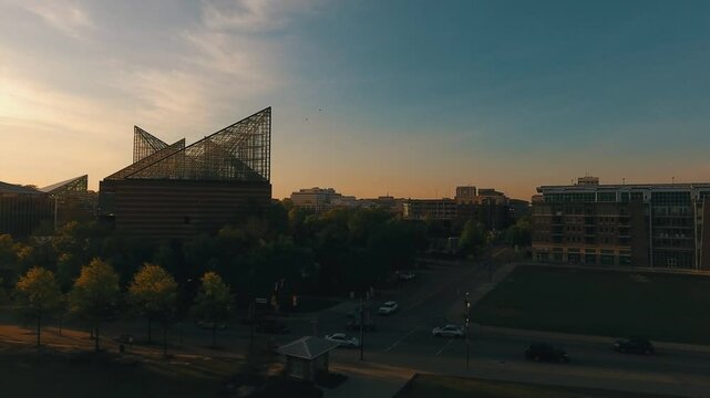 Sunrise aerial along the Chattanooga riverfront 