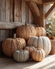 Rustic Autumn Still Life Variety of Textured Pumpkins in a Wooden Barn Setting