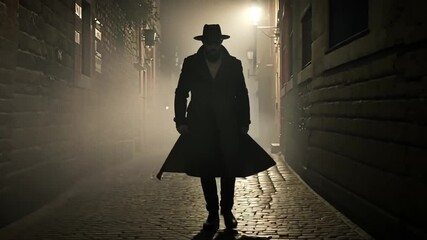Man in trench coat walking in foggy alleyway detective noir film scene mystery thriller cinematic atmosphere - Powered by Adobe