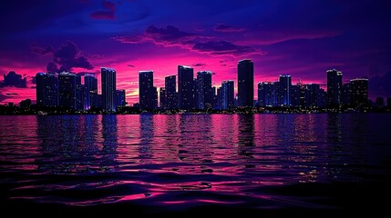 Obraz premium Vibrant cityscape at twilight reflected in still water.