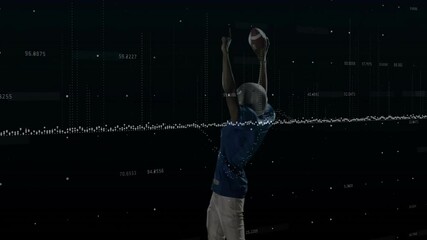 Football player raising football triggers data waveform, releasing ball, celebrating in sports tech - Powered by Adobe