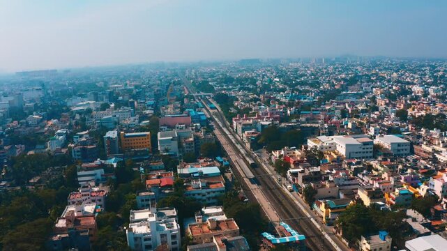 Aerial view of chennai city with Local railways