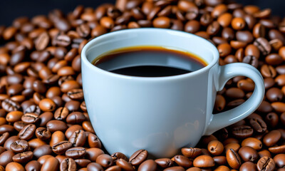 Coffee Cup Surrounded by Roasted Beans