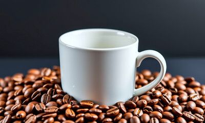 White Coffee Cup Surrounded by Coffee Beans