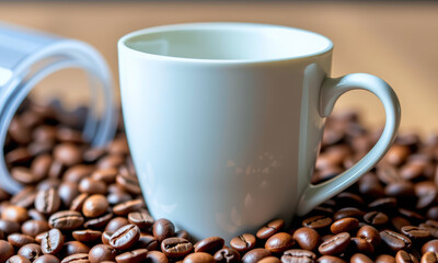 White Coffee Cup with Coffee Beans Closeup