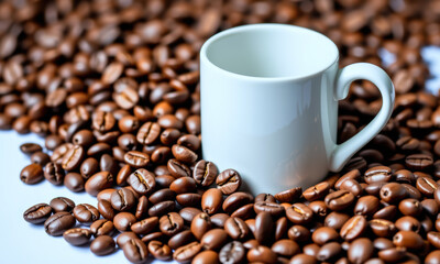 Fresh Coffee Beans Surrounding White Cup