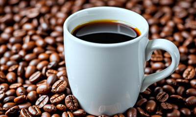 Fresh Coffee Mug on Brown Coffee Beans