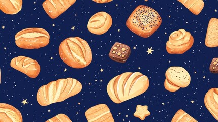 Seamless pattern of various breads and pastries on a dark blue starry background.