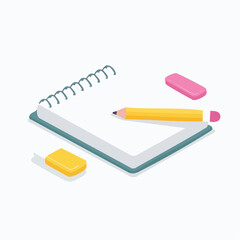 Vector of open notebook with pencil and eraser on top, clean white background.