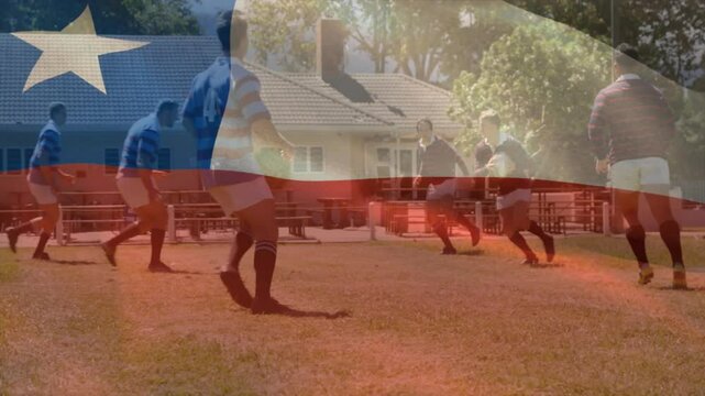 Rugby player sprinting engaging opponent and underhand passing ball into ruck vying for possession