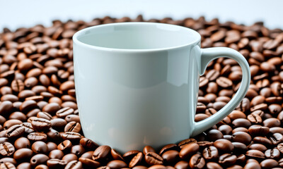 White Mug Surrounded by Coffee Beans