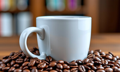White Coffee Cup with Coffee Beans Surrounding