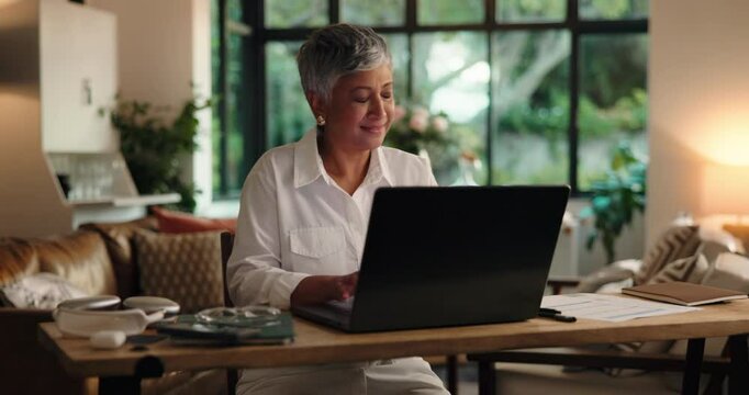 Remote work, night and mature woman on laptop with creative story, copywriting or deadline. Late, brainstorming or writer typing with technology in home for news report, email or proofreading article