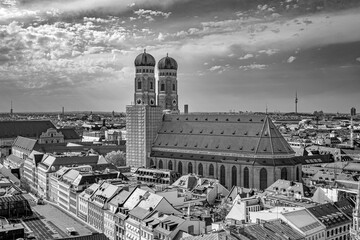 Beautiful super wide-angle sunny aerial view of Munich, Bavaria.