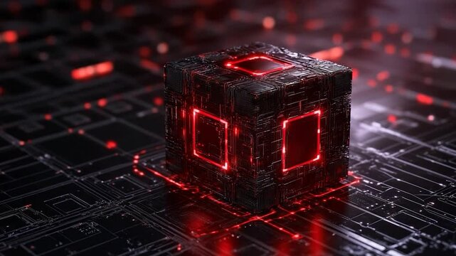 Red glowing cube on a circuit board: A futuristic technological marvel