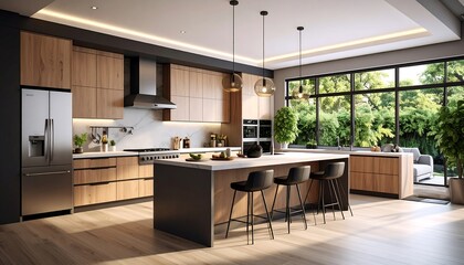Modern kitchen interior with wooden cabinets with island, and and natural light from the large window.