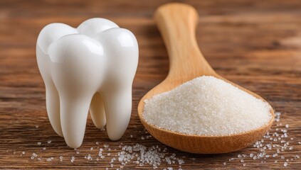 White tooth figurine beside wooden spoon filled with sugar crystals on a wooden surface