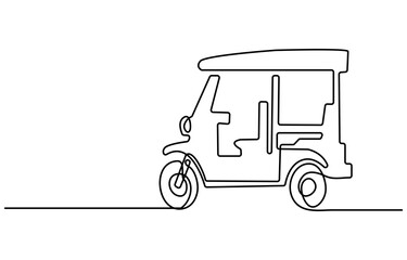 Fototapeta premium Continuous one line drawing of asian three-wheeled motor vehicle. Auto rikshaw outline illustration. Editable vector.