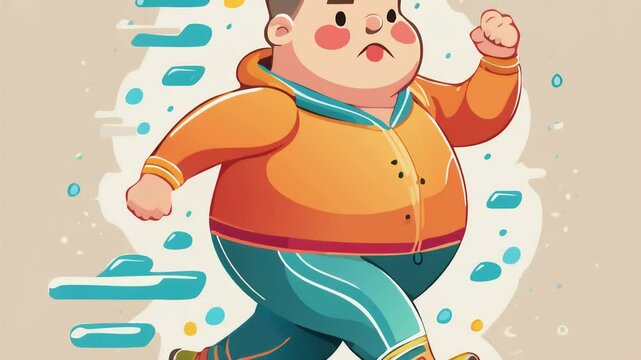 Cartoon vector illustration of a fat man running with focused and excited expression. Wearing bright colored sportswear, funny and energetic