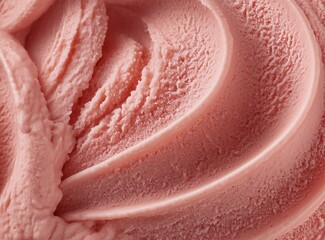Close up of a swirl of pink ice cream showing its texture and smooth creamy appearance in detail