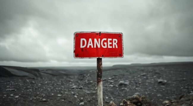 Danger Alert: Red Warning Sign Against a Harsh Rocky Landscape