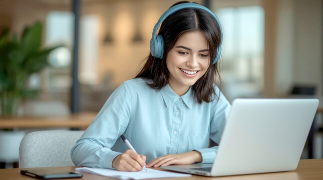 Smiling girl wear wireless headphone study online with skype teacher, young woman with dark hair, wearing blue over-ear headphones and a light blue long-sleeved shirt