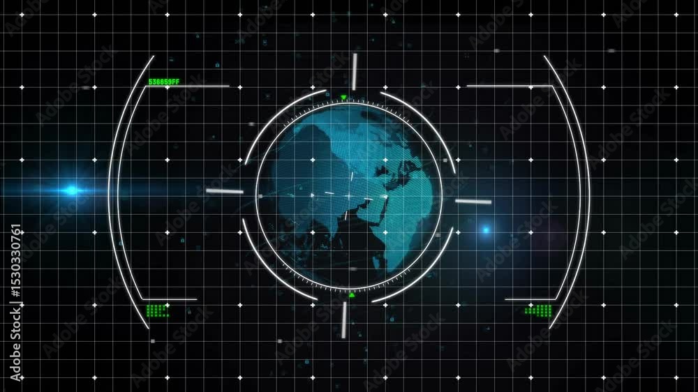 Poster on activation turquoise 3d globe rotating with pulsing rings and orbiting markers showing data flow