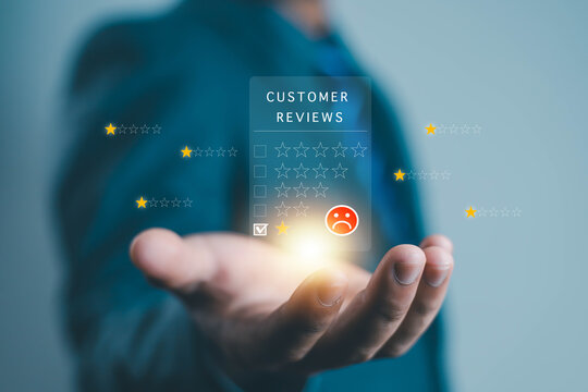 concept customer dissatisfaction experience Unhappy business customer with sad face, bad review, bad service, dislike, poor quality, low rating, bad social media.	