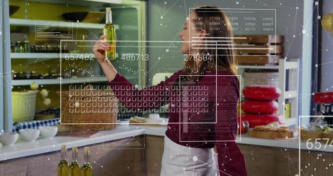 Kitchen host organizing bowls, lifting olive oil bottle, inspecting and presenting animated label