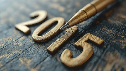 Golden numbers 2015 on a dark wooden surface.