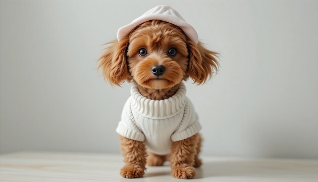  Cute brown poodle wearing a tiny shower cap, with very large eyes and a cute expression, standing on a table, wearing a white sweater, against a white background