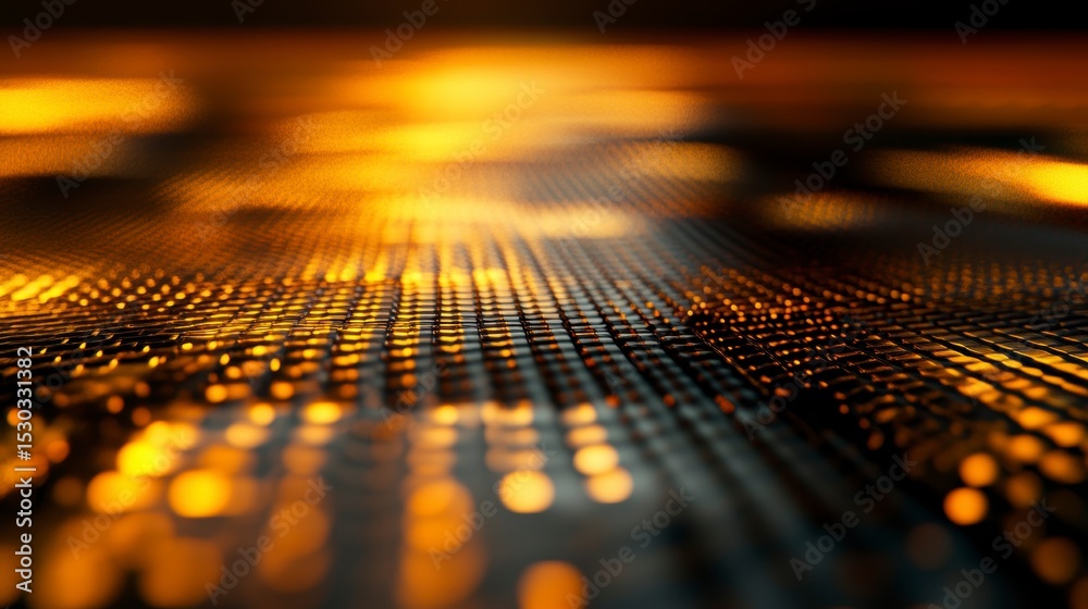 Poster abstract gold grid pattern with bokeh lights, textured surface.