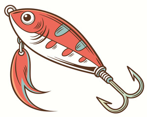 Colorful fishing lure illustration featuring a red and white design with a shiny finish, showcasing intricate details and a prominent hook for attracting fish in various water environments