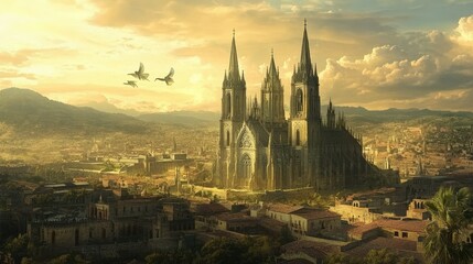 Naklejka premium Majestic Cathedral at Sunset Over a Sprawling Medieval City