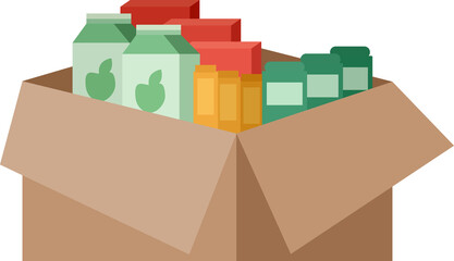 Brown cardboard box filled with various food products and essentials. Flat illustration representing charity, donation, and humanitarian aid.