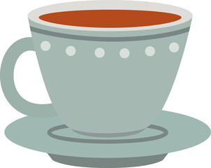 Cup of hot beverage on saucer. Simple flat style illustration of a drinkware. Coffee or tea time concept element for graphic design.