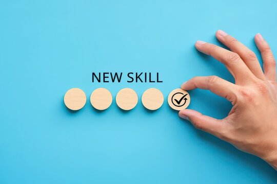 Adding a New Skill Hand Placing Checkmark on Wooden Disc Completion